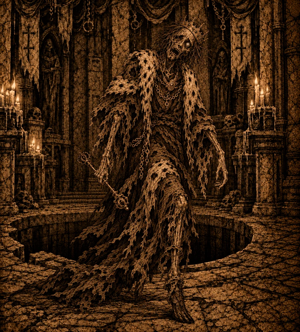 Helvangarde, a crowned skeletal figure in tattered robes and chains, carrying a scepter as it steps from a stone pit.