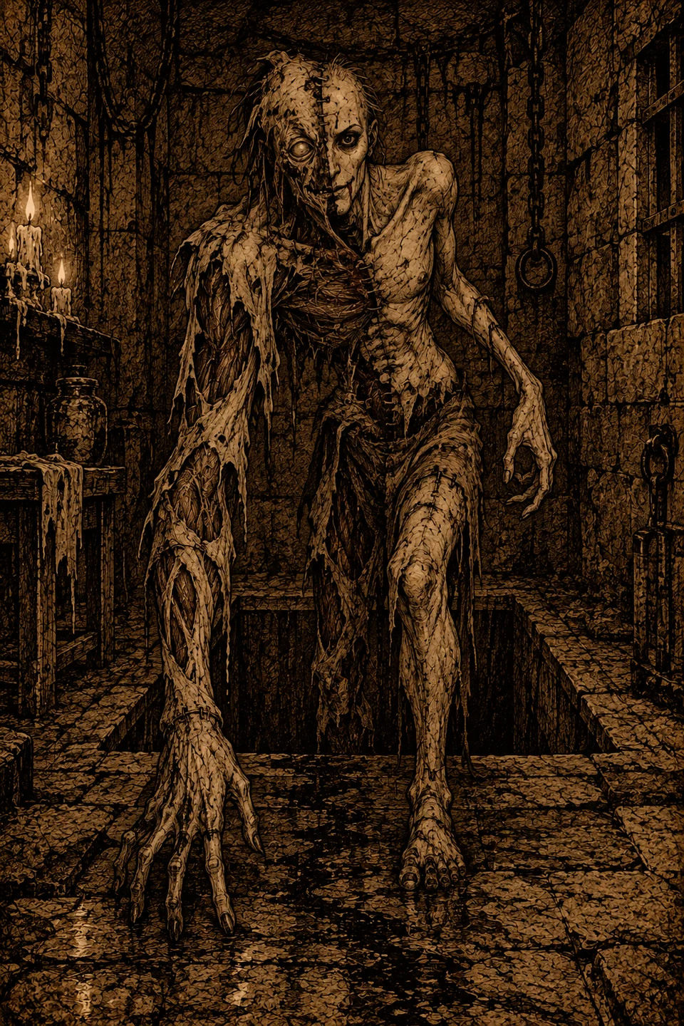 The Cleaved, an uneven humanoid figure stitched together down the center, climbing from a stone pit.