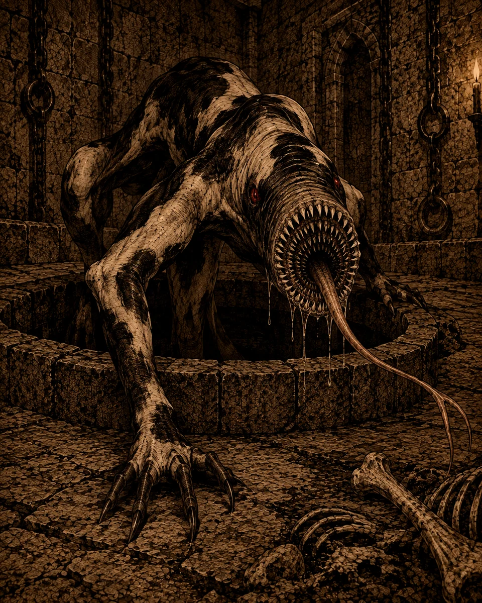 The Marrowslurper, a long-limbed creature with red eyes, a circular tooth-lined mouth, and an extended forked tongue, climbing from a stone pit.