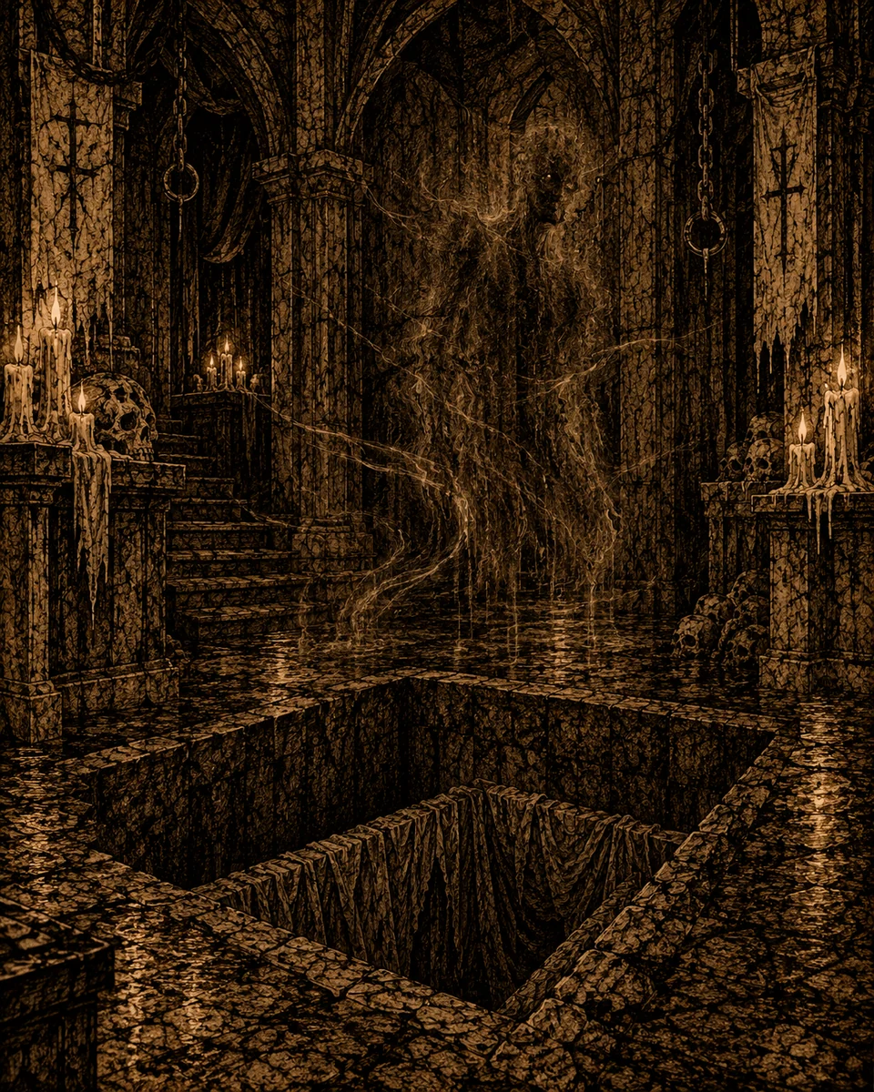 The Whisper, a faint spectral figure suspended above a stone pit in a candlelit chamber.