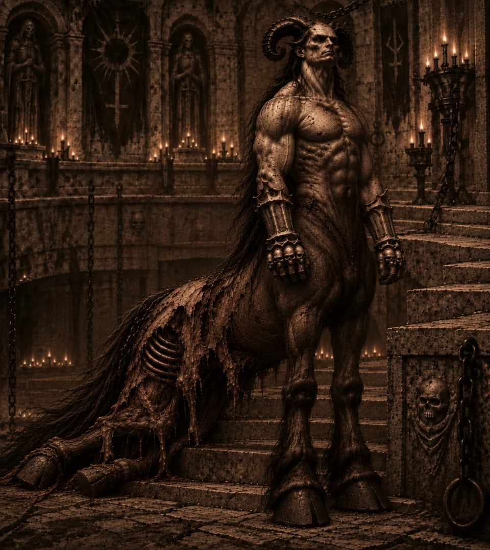 Asmodeus, a horned figure with a muscular torso, hooves, and a decaying equine body, standing on stone steps in a candlelit chamber.