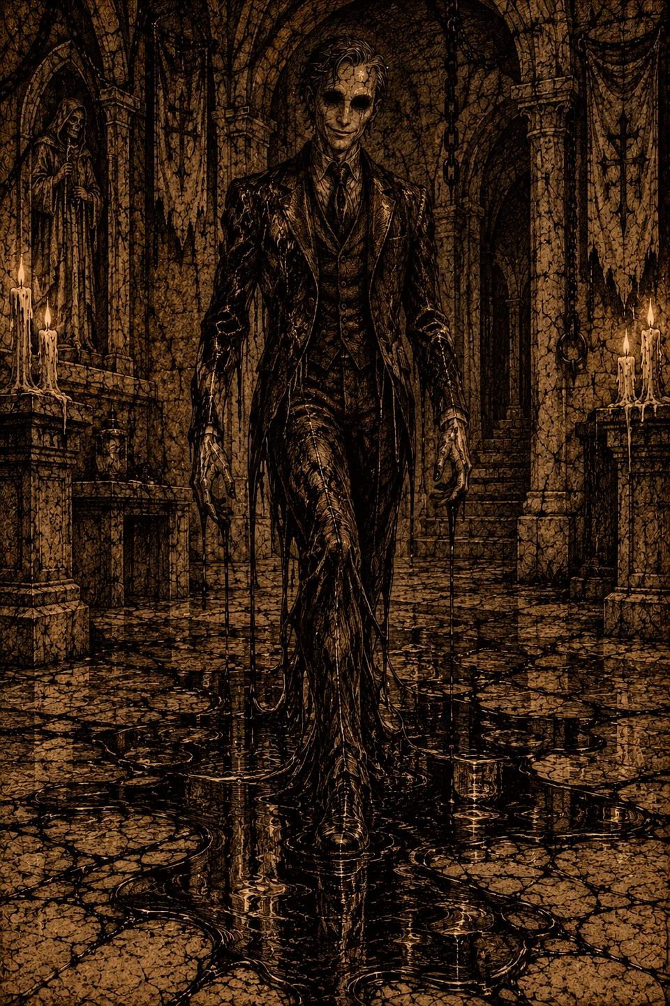 Mag Mo-Nai, a pale, hollow-eyed figure in a dark suit, stepping through a pool of black liquid in a candlelit stone chamber.