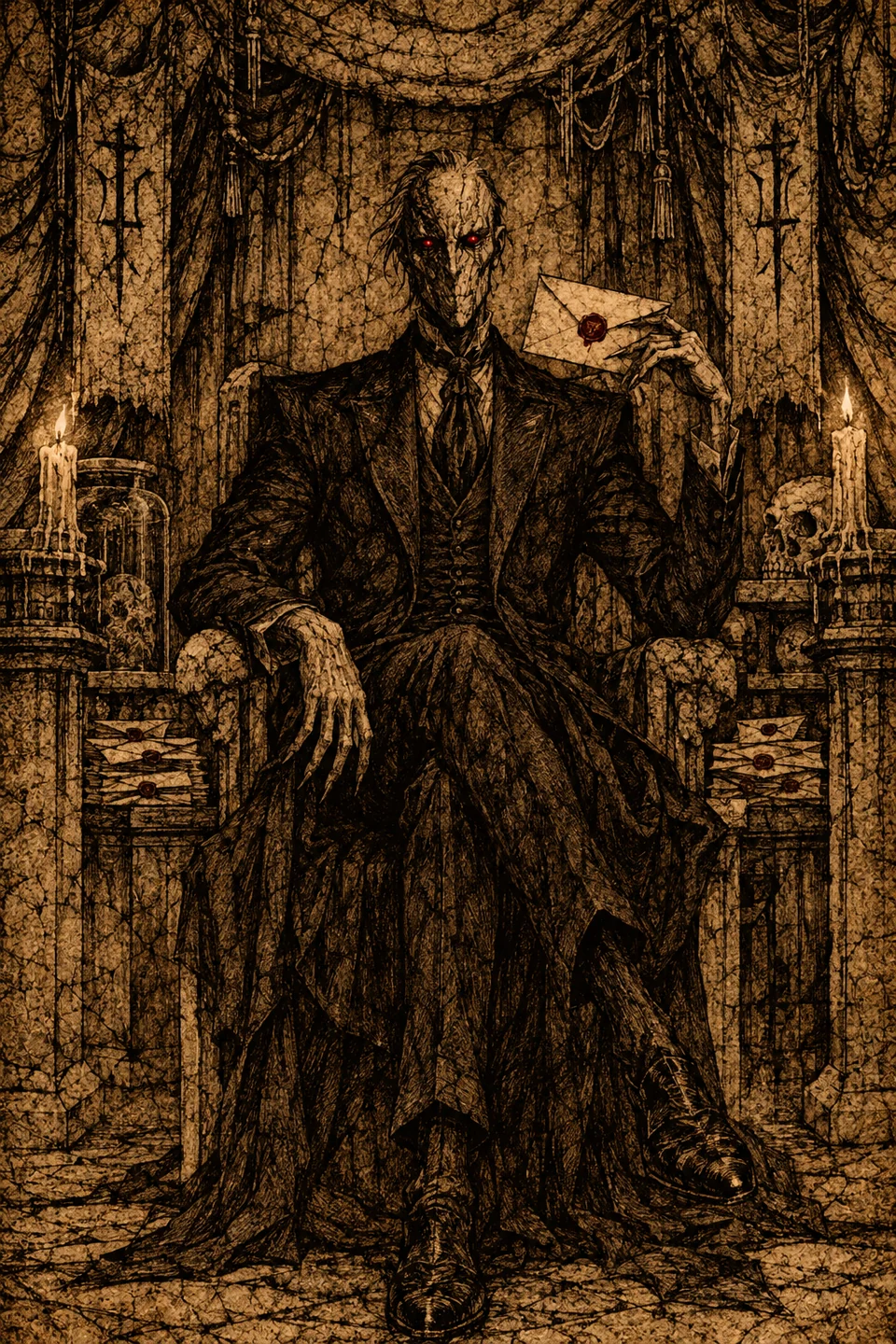 The Host, a red-eyed figure in a dark suit, holding a sealed invitation in a candlelit chamber.