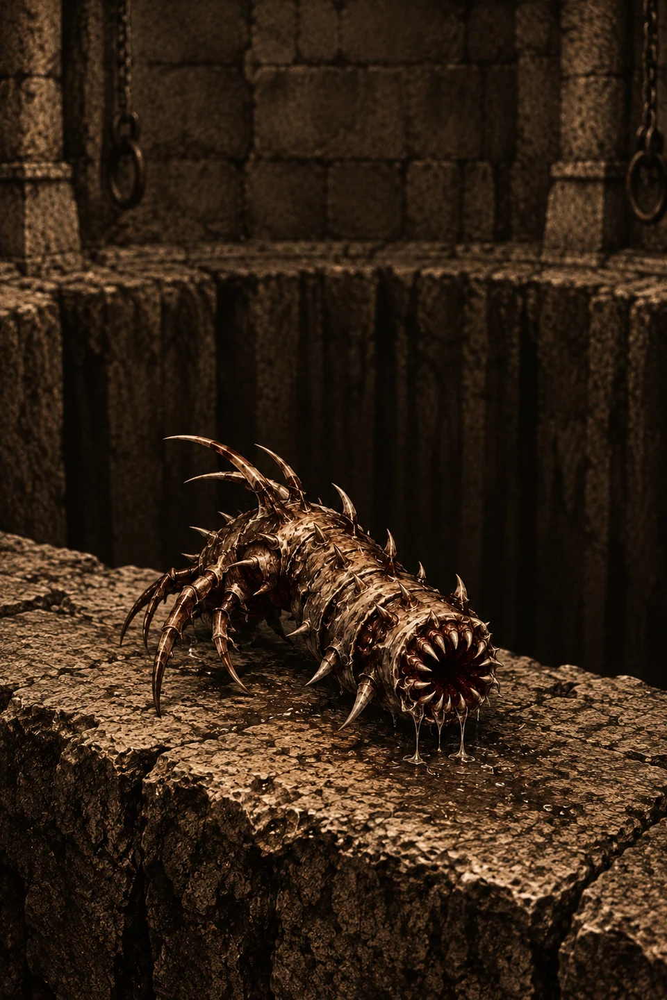 Un-Gulg, a spined, many-legged creature with a circular tooth-lined mouth, resting on the edge of a stone pit.