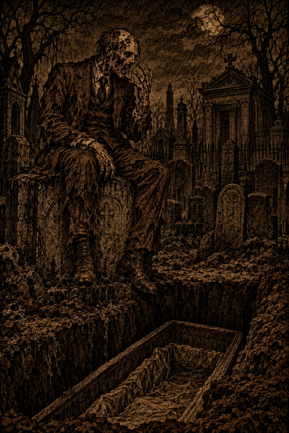The Rotting Body, a decaying figure in a tattered suit, seated beside an open grave and casket in a moonlit cemetery.