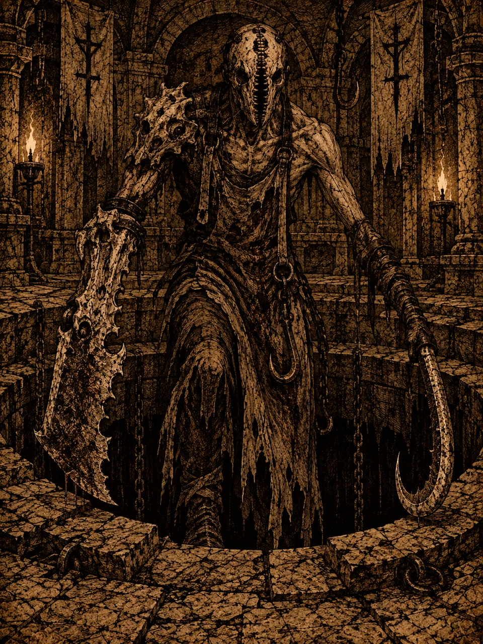 The Mutilator, a masked figure with a jagged blade and curved hook, emerging from a stone pit.