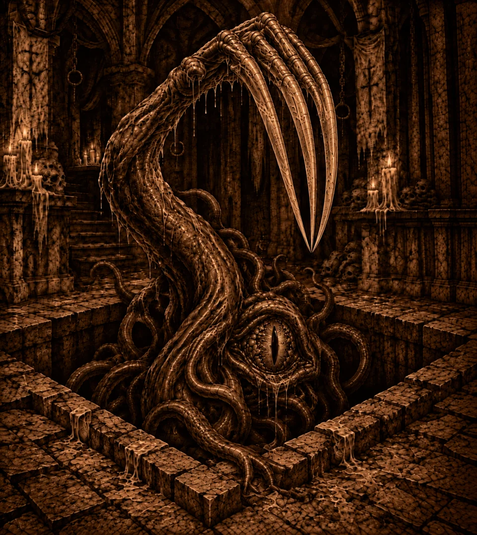 The Oculith, a tentacled creature with a single large eye and a towering clawed limb, emerging from a stone pit.