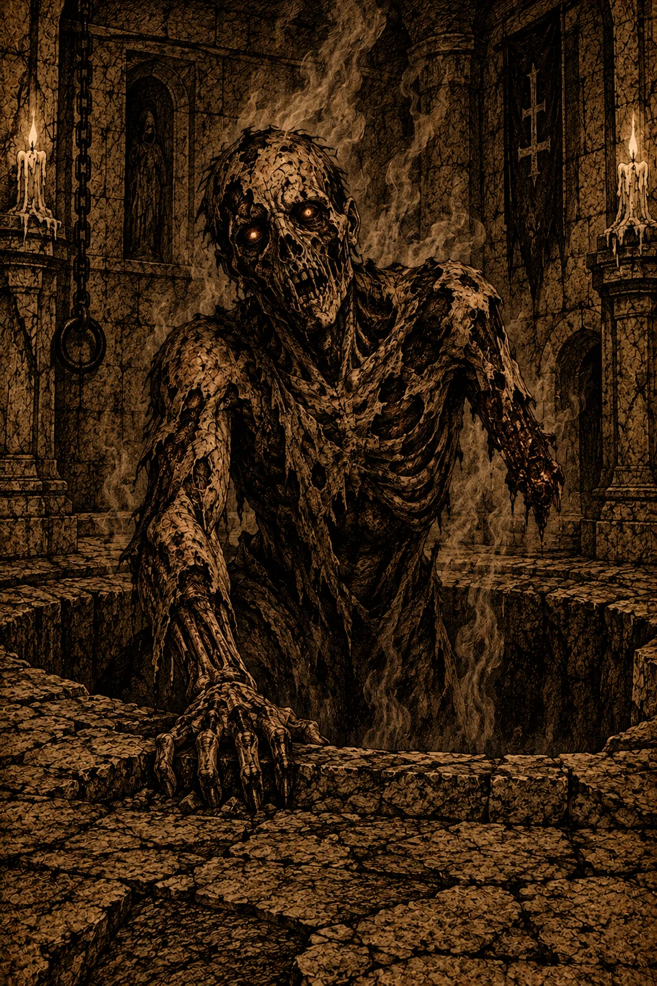 The Charred, a scorched skeletal figure rising from a stone pit amid smoke and flames.