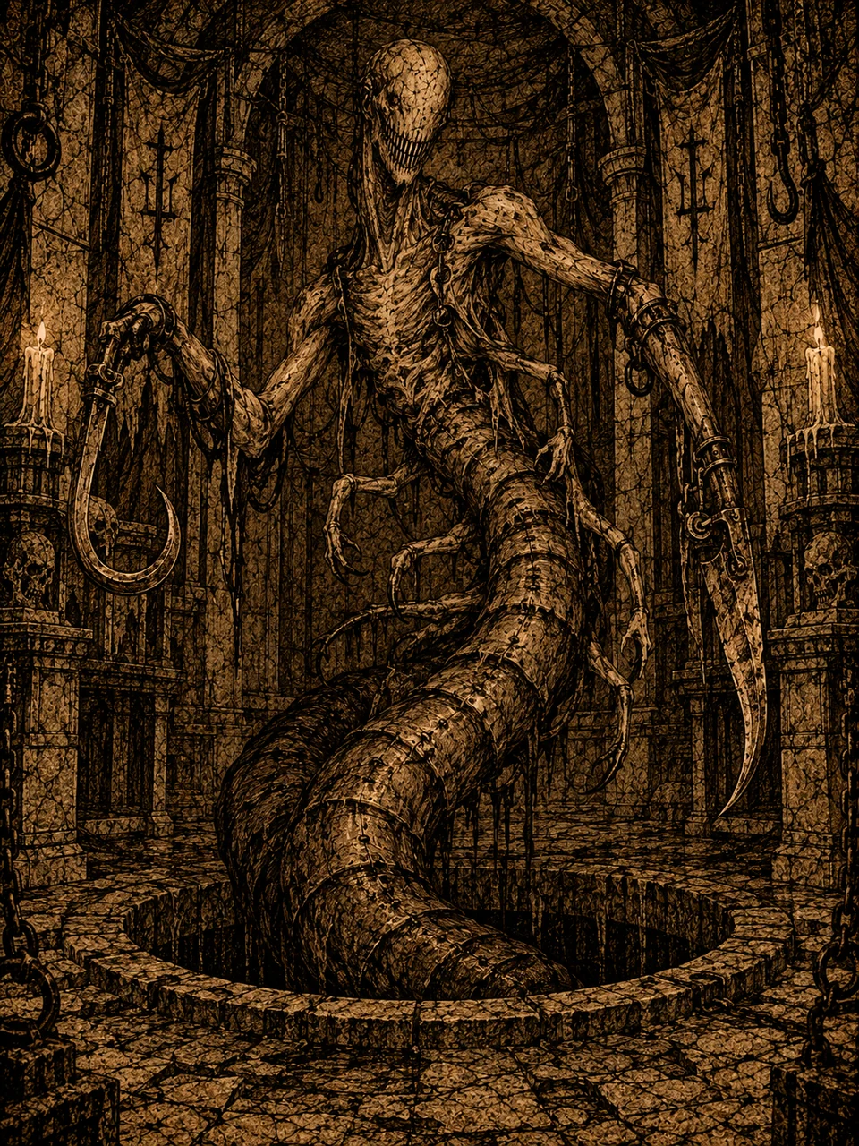 The Severant, a long-bodied creature with sharp teeth, hooked weapons, and multiple limbs, rising from a stone pit.