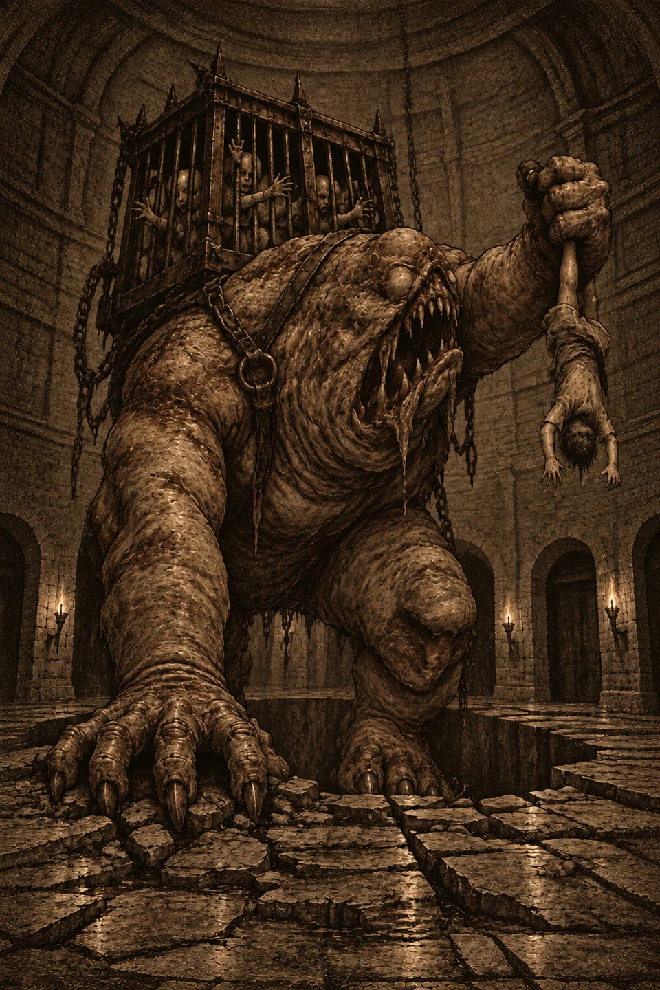 Child Eater, a massive clawed creature carrying a cage on its back, emerging from a stone pit.