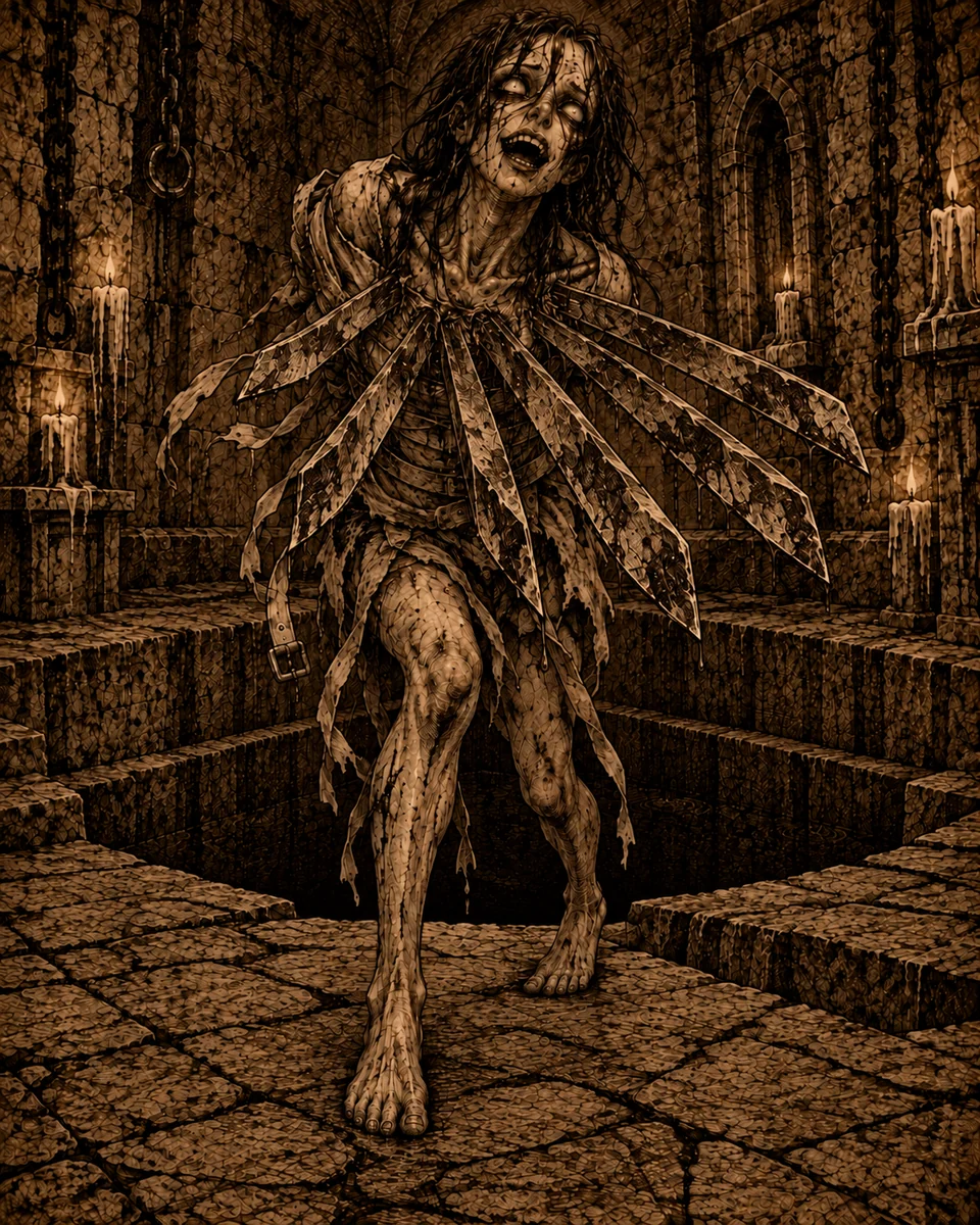 The Voices, a pale figure with blank eyes and blades fanning across its torso, stepping from a stone pit.