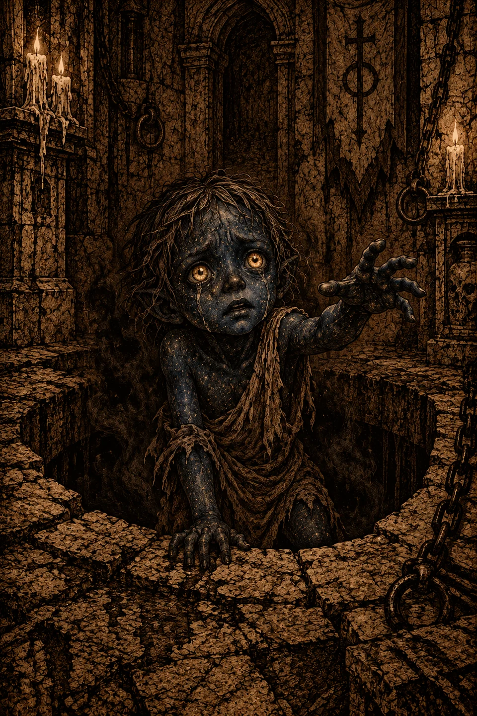 The Nightchild, a small dark-skinned figure with luminous eyes reaching out from a stone pit.