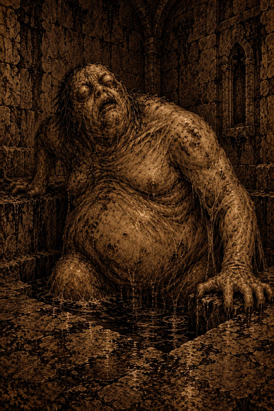 The Bloat, a swollen figure emerging from dark liquid in a stone pit.