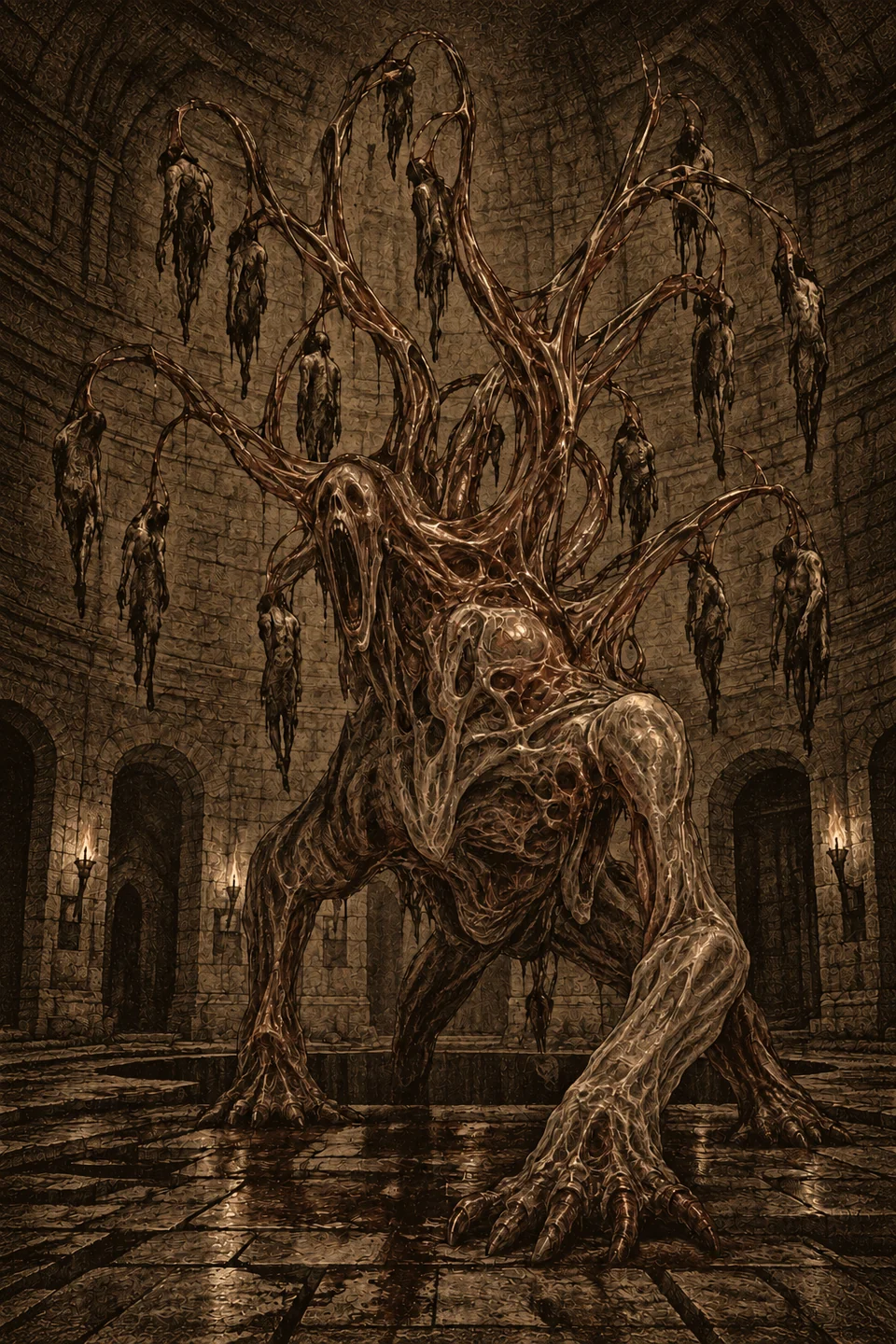 Yggdrasil, a towering tree-like creature with gaping faces and figures hanging from its branches, emerging from a stone pit.