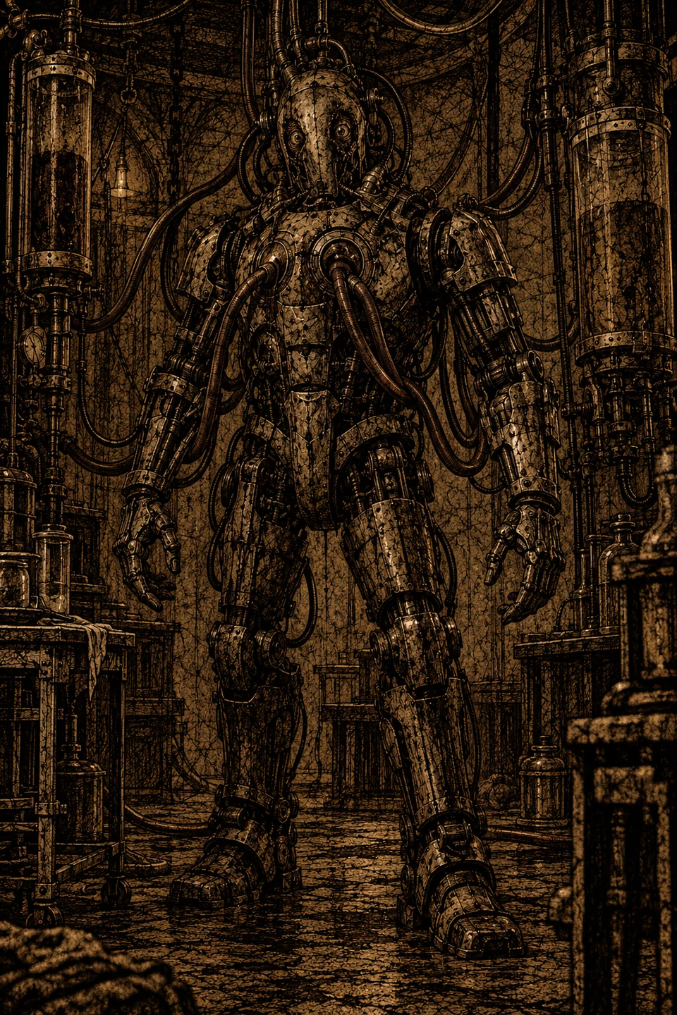 The Tormented Prisoner, a riveted humanoid machine connected to tubes and cables between tall glass cylinders in a dark laboratory.
