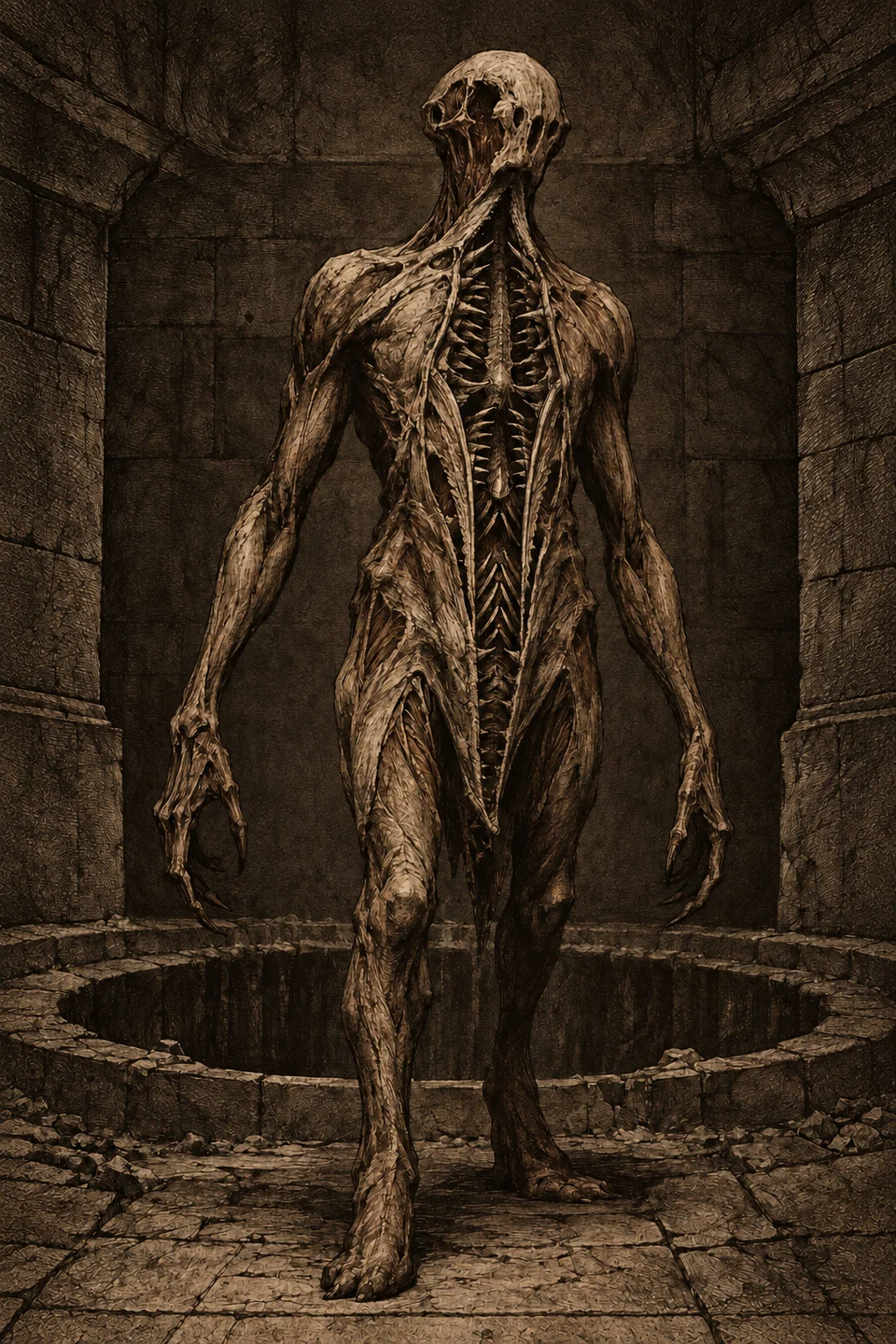 The Fleshstripper, a tall humanoid creature with exposed ribs, elongated limbs, and clawed hands, stepping from a stone pit.