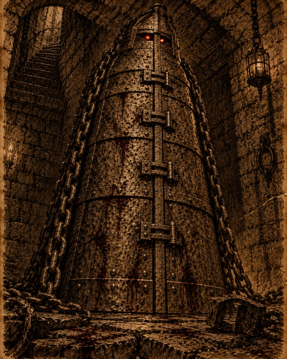 The Dreadnought, glowing eyes visible through a towering riveted iron prison restrained by massive chains in a stone dungeon.