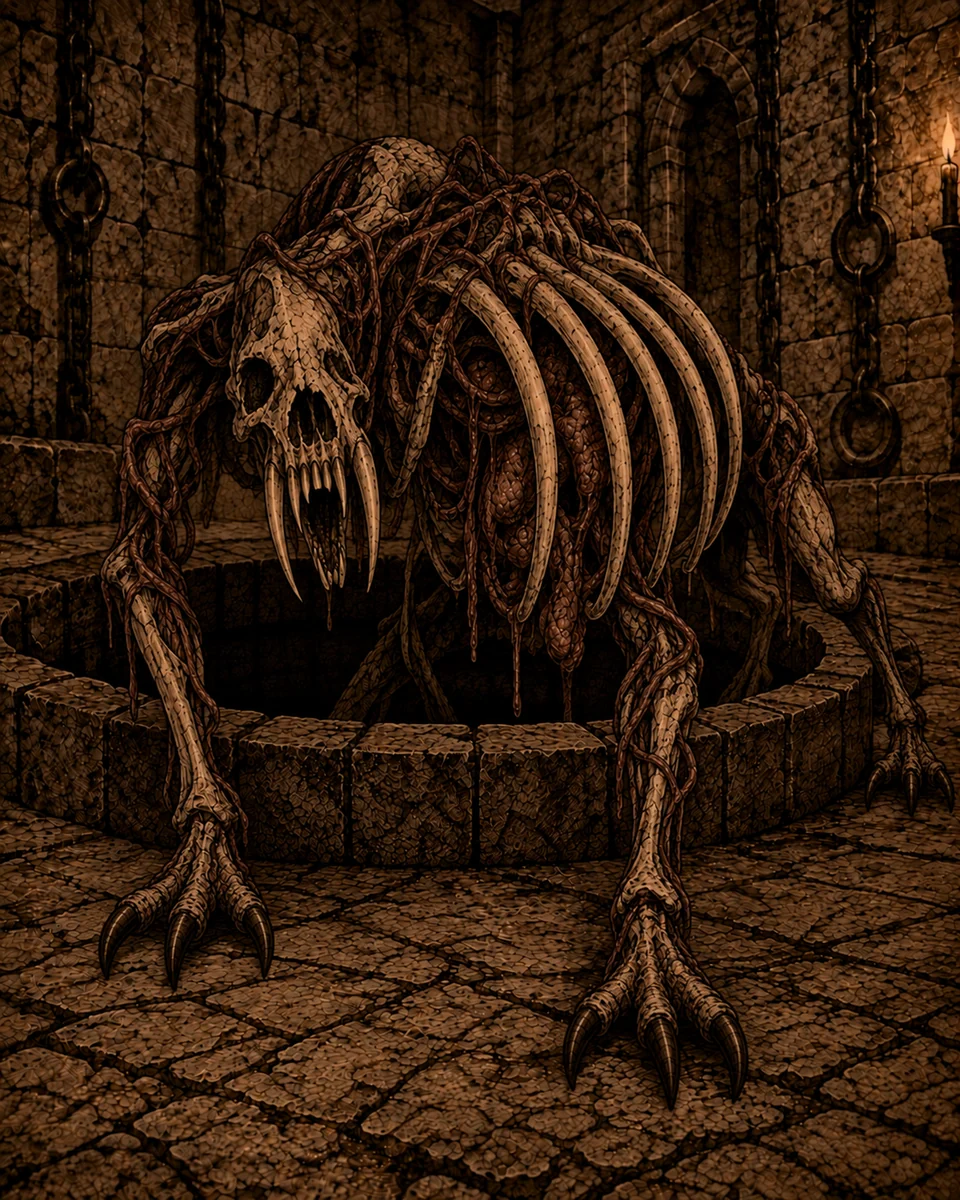 The Crawler, a skeletal creature with an exposed rib cage, long fangs, and clawed limbs, emerging from a stone pit.