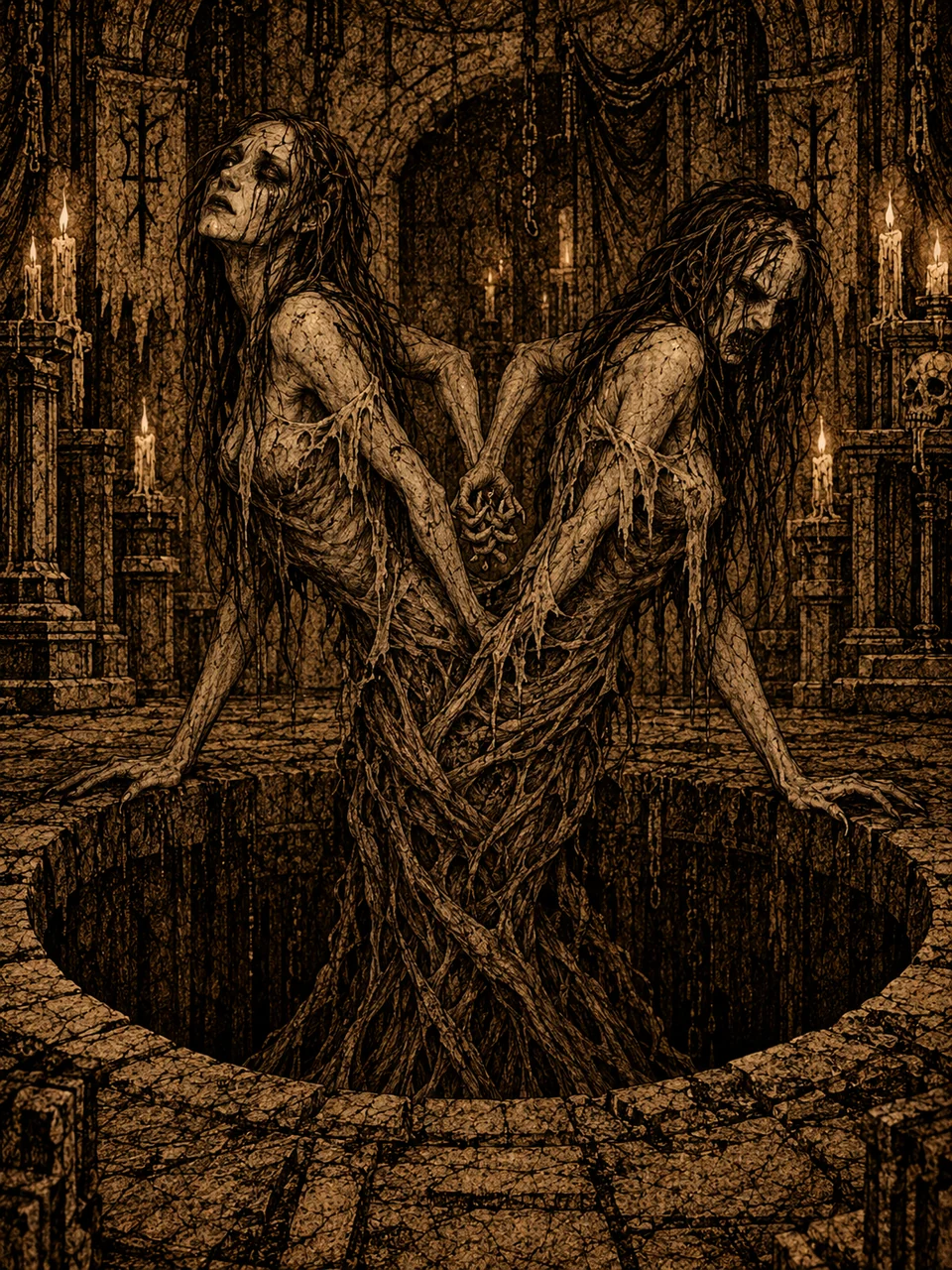 The Twins, two pale figures joined into a single body, emerging from a stone pit in a candlelit chamber.