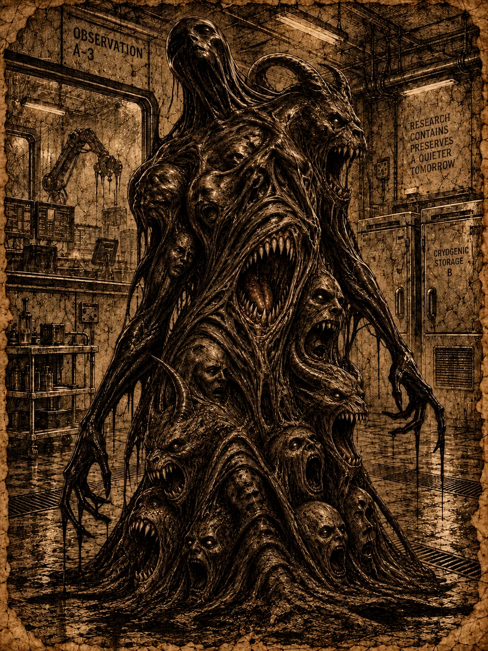The One Who is Many, a towering black entity with multiple faces and a gaping mouth, standing in a laboratory.