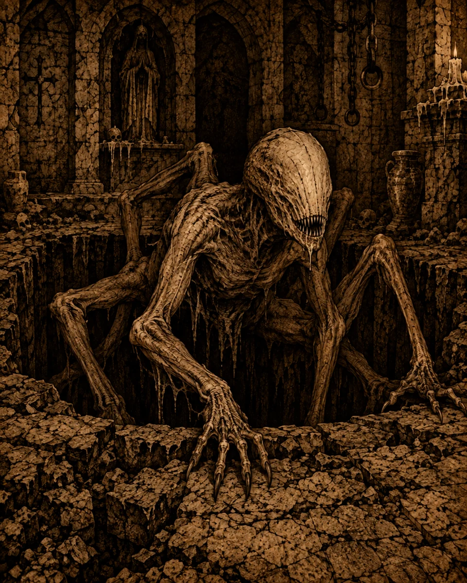 The Fear Chaser, a pale, many-limbed creature with an eyeless head and sharp teeth, climbing from a stone pit.